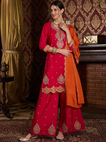 Dhiyona CH Women Embroidered Kurta Set with Contrast Dupatta