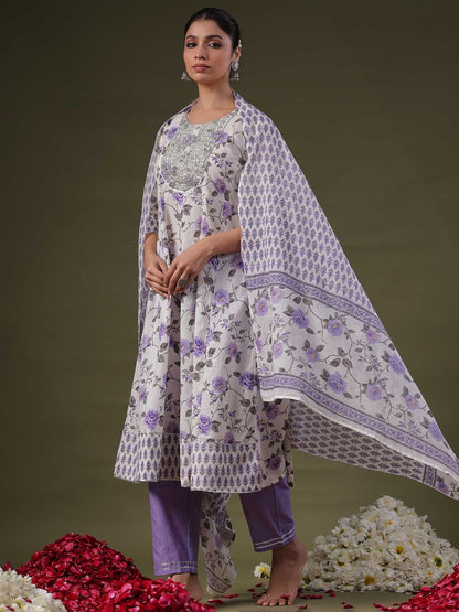 Dhiyona IE Round Neck Floral Printed Empire Sequinned Cotton Kurta with Trouser & Dupatta