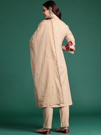 Women Floral Embroidered Cotton Kurta with Trousers & Dupatta