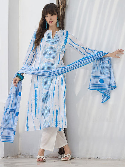 Women Geometric Dyed Cotton Kurta with Trouser & Dupatta