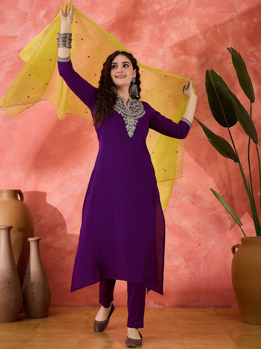 Dhiyona SN Women's Zari Sequence Cording Embroidered Kurta With Trousers & Dupatta