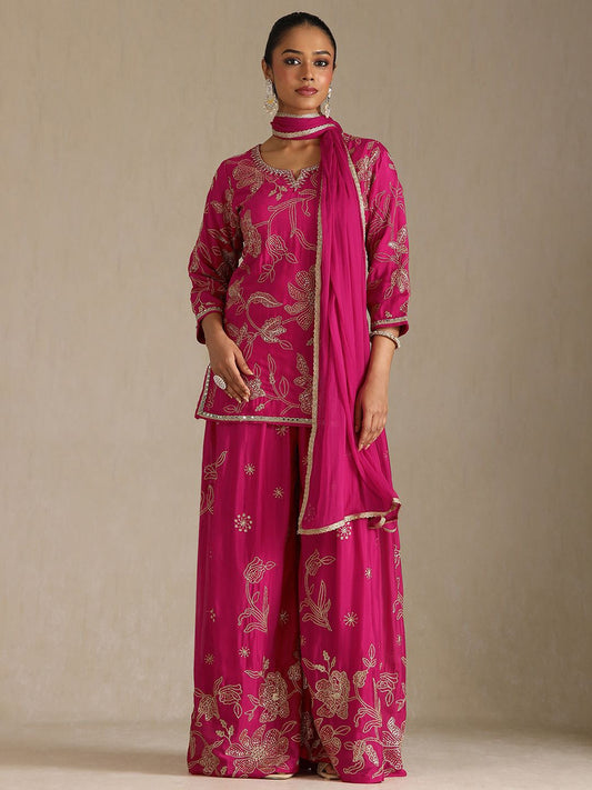 Dhiyona SO Women's Women Floral Embroidered Regular Thread Work Kurta with Palazzos & Dupatta