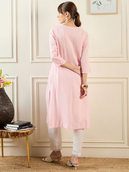 Dhiyona IE Floral Yoke Design Round Neck Thread Work Straight Kurta