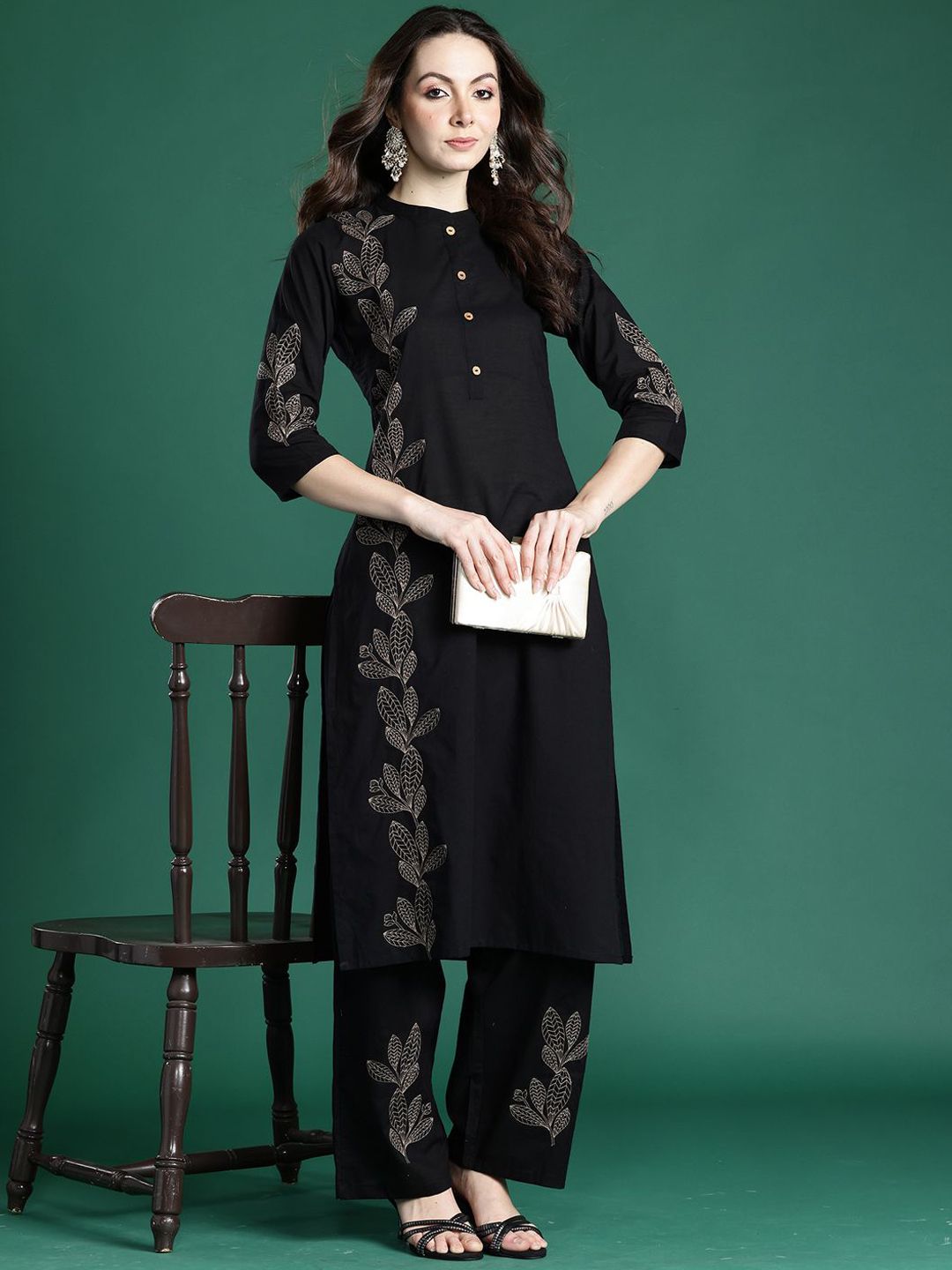 Dhiyona IE Embroidered Pure Cotton Straight Tunic & Trousers Co-Ord Set