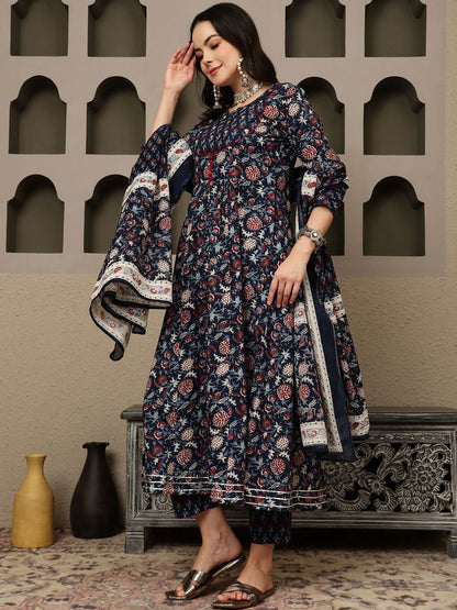 Dhiyona SN Women's Navy Blue Floral Printed Pure Cotton Anarkali Kurta With Trousers & Dupatta