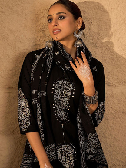 Women Ethnic Motifs Printed Regular Thread Work Pure Cotton Kurta with Trousers & With Dupatta