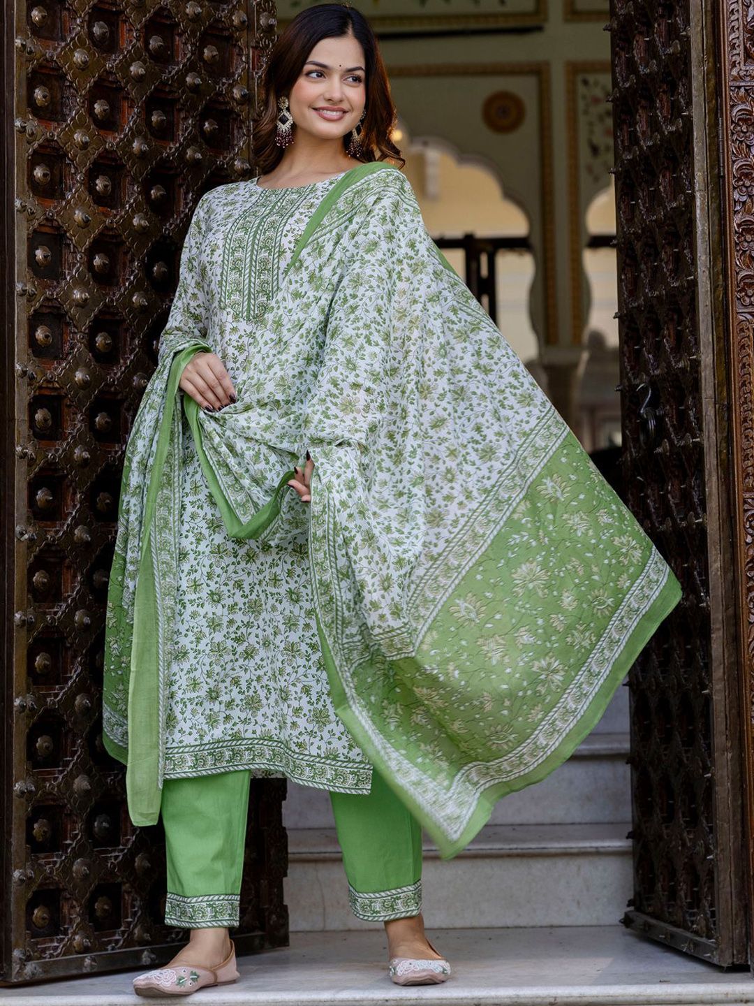 Floral Printed Pure Cotton Straight Kurta With Trouser And Dupatta