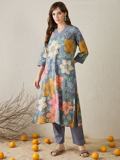 Women Grey Floral Printed Regular Pure Cotton Straight Kurta with Trousers