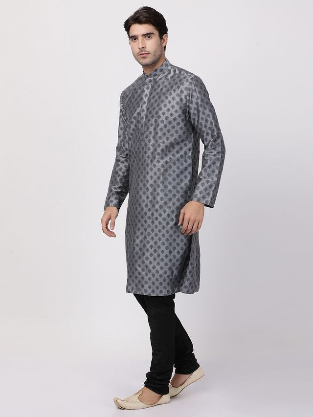 Men's Grey Cotton Blend Straight Kurta Pyjama Set