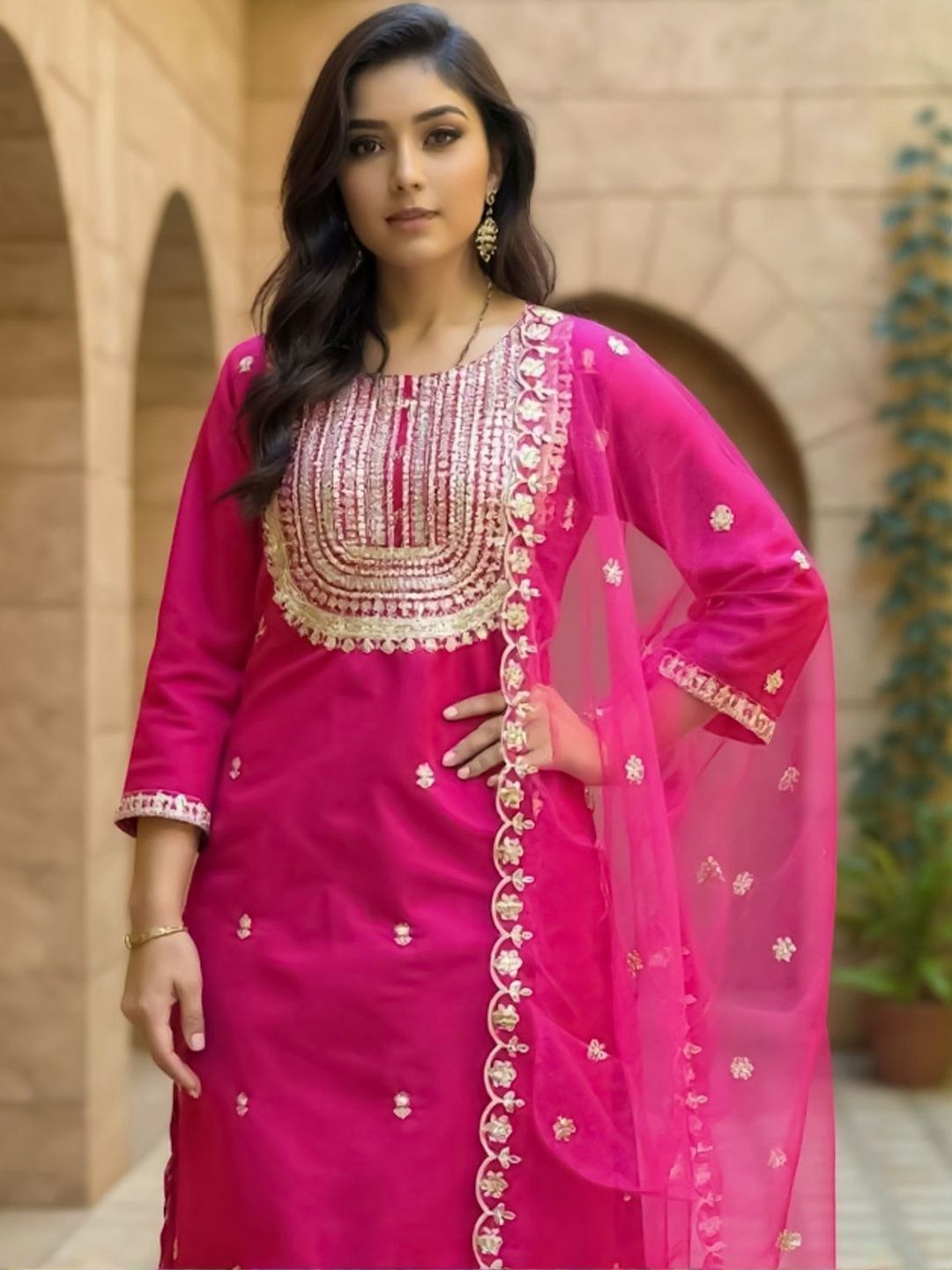 Ethnic Motifs Embroidered Kurta With Trouser & Dupatta