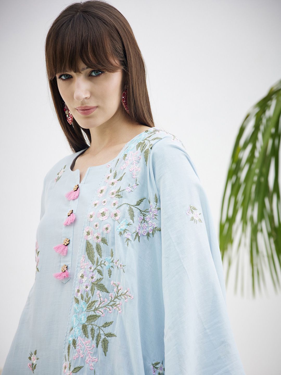 Dhiyona IE Floral Embroidered Straight Thread Work Pure Cotton Kurta With Trousers & Dupatta