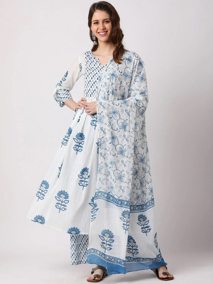 Women White Printed Pure Cotton Kurta, Pant And Dupatta Set