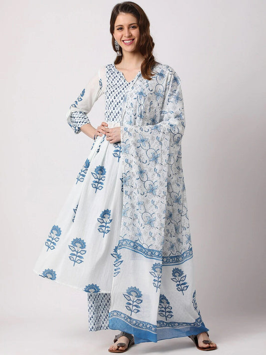 Women White Printed Pure Cotton Kurta, Pant And Dupatta Set