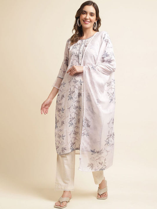Dhiyona OD  Printed Gotta Patti Linen Straight Kurta with Trousers & Dupatta
