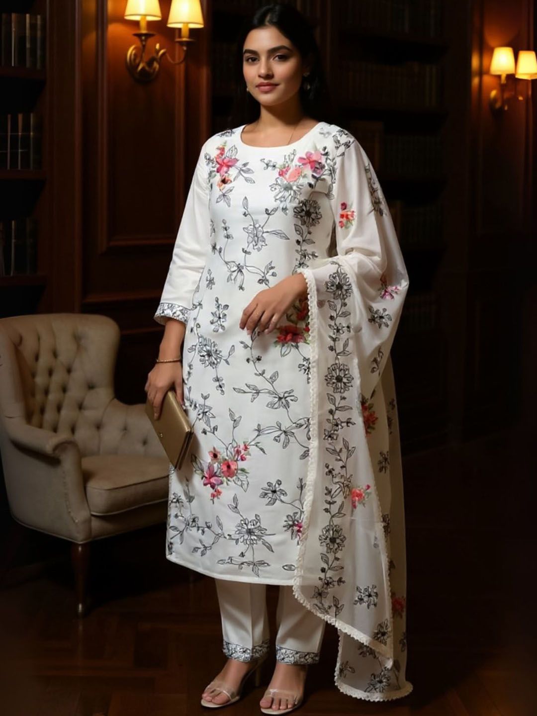 Floral Printed Round Neck Straight Kurta With Trousers & Dupatta