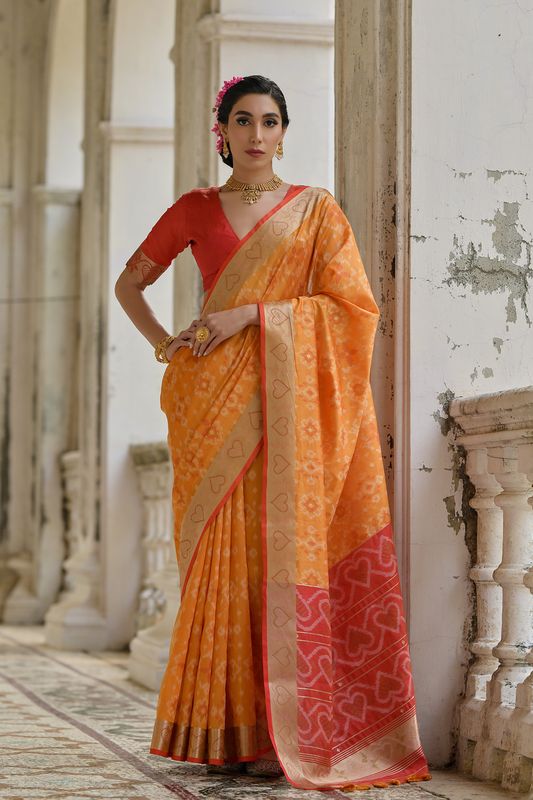 Mustard Red Raw Silk Saree