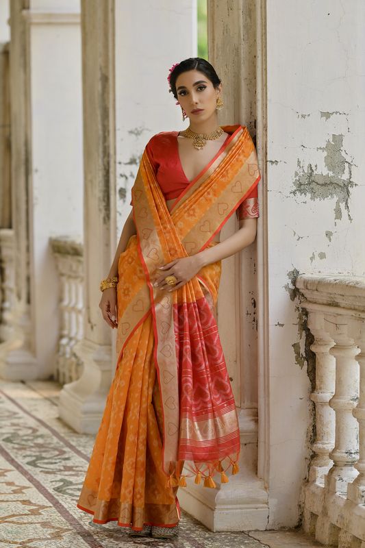 Mustard Red Raw Silk Saree