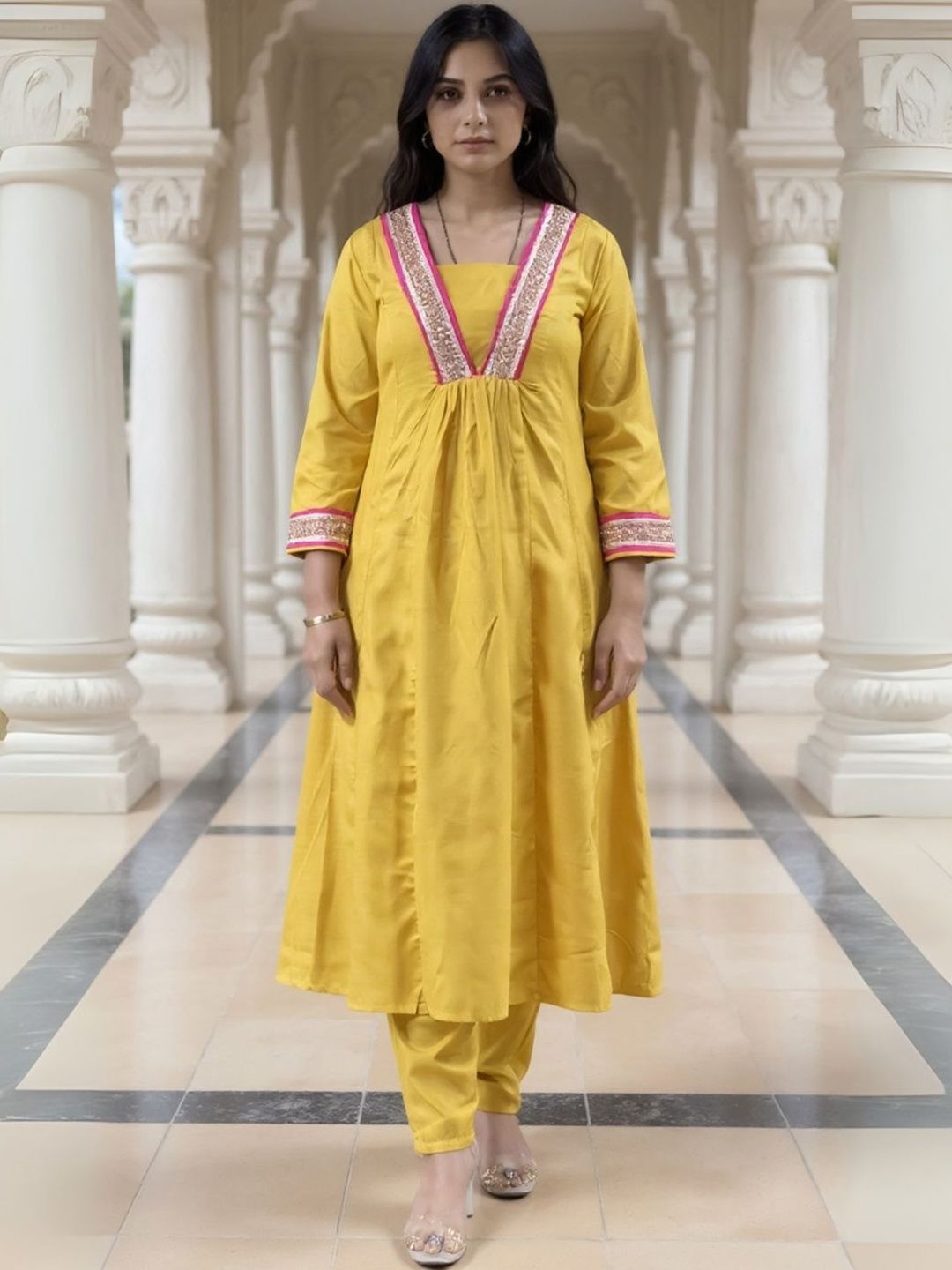 Dhiyona IE Women Ethnic Motifs Embroidered Empire Gotta Patti A-Line Kurta with Trouser