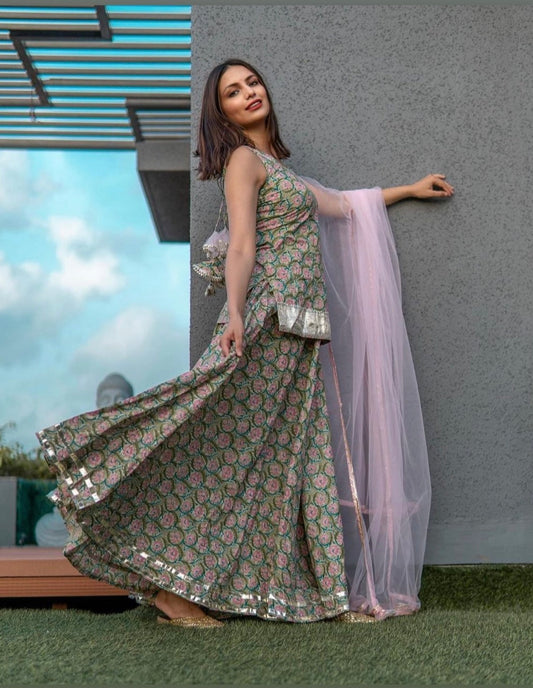Hand Block Print Cotton Kurta Skirt Set