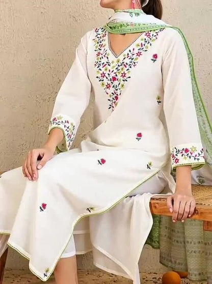 Women's Floral Embroidered Pure Cotton Kurta With Trousers & Dupatta