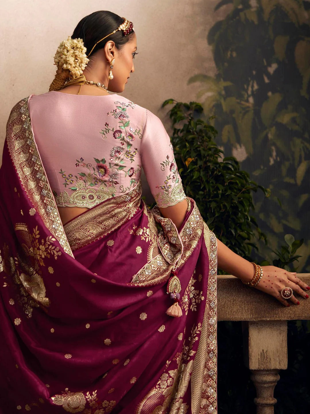 Dhiyona KM Women Embroidered Pure Viscose Dola Silk Purple Traditional Bridal Saree