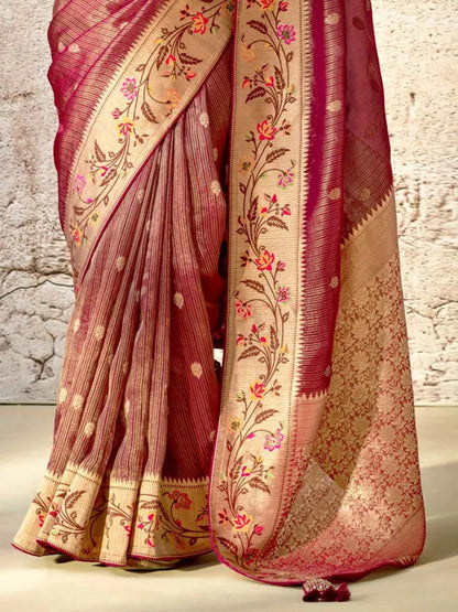 Dhiyona KM Women Elegant Rosewood Banarasi Silk Saree With Jacquard Weaving & Designer Sequin Blouse