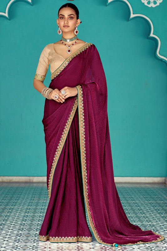 Dhiyona KM Women Red Crush Pure Tissue Silk Saree With Beige Blouse