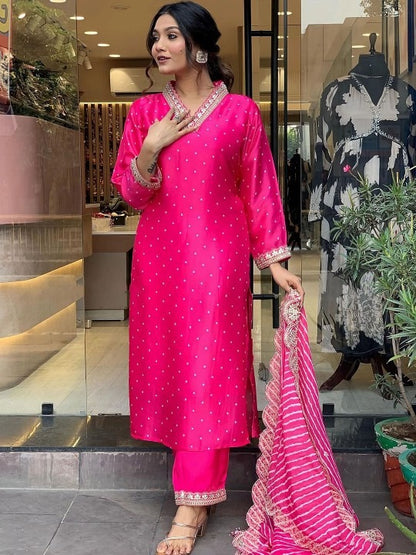 Dhiyona MT Women's Bandhani embroidered V Neck Three-Quarter Sleeves Kurta Set