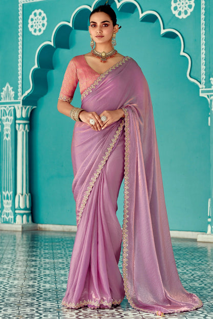 Dhiyona KM Women Lavender Tissue Crush Silk Saree With Red Blouse & Golden Border