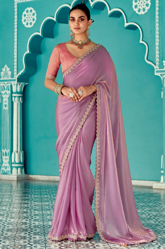 Dhiyona KM Women Lavender Tissue Crush Silk Saree With Red Blouse & Golden Border