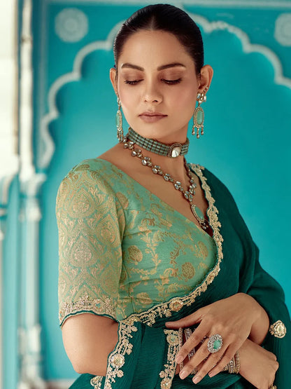Dhiyona KM Women Premium Green Organza Wedding Saree With Crush Fabric & Embroidered Border
