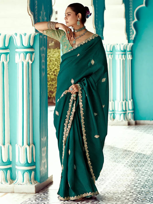 Dhiyona KM Women Premium Green Organza Wedding Saree With Crush Fabric & Embroidered Border