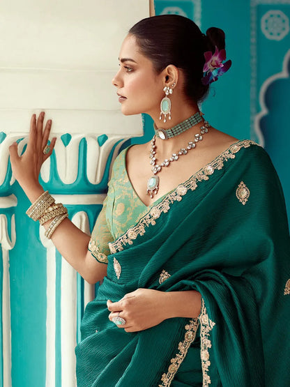 Dhiyona KM Women Premium Green Organza Wedding Saree With Crush Fabric & Embroidered Border