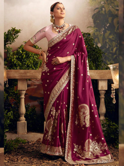Dhiyona KM Women Embroidered Pure Viscose Dola Silk Purple Traditional Bridal Saree
