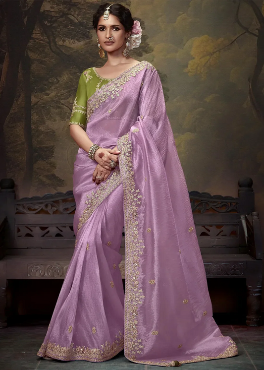 Dhiyona KM Women Lavender & Olive Green Tissue Silk Saree