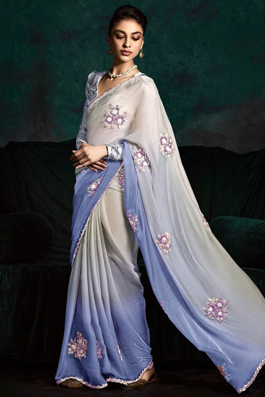 Dhiyona KM Women Trendy Sky Blue Shade Organza Saree With Designer Blouse