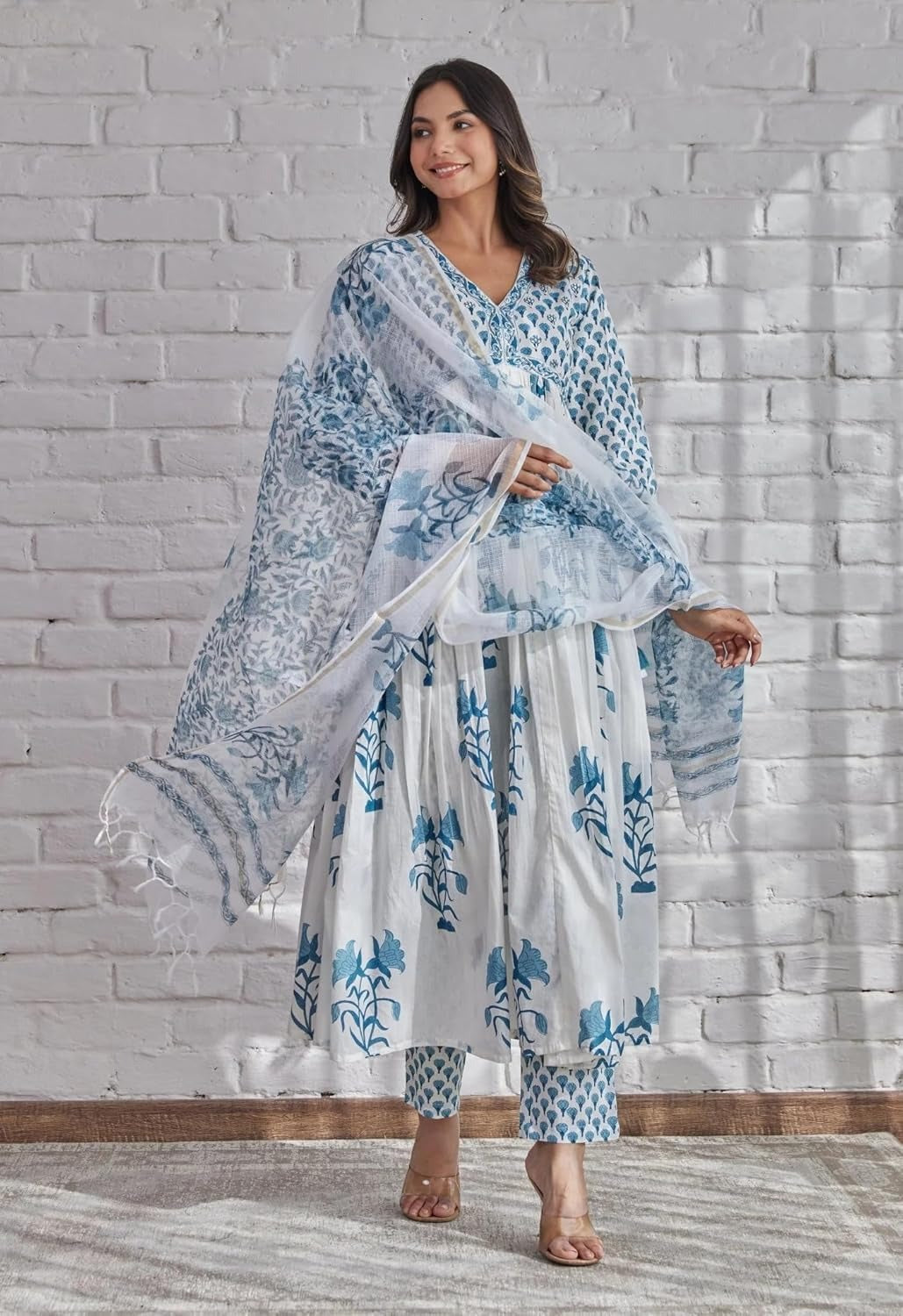 Women White Printed Pure Cotton Kurta, Pant And Dupatta Set