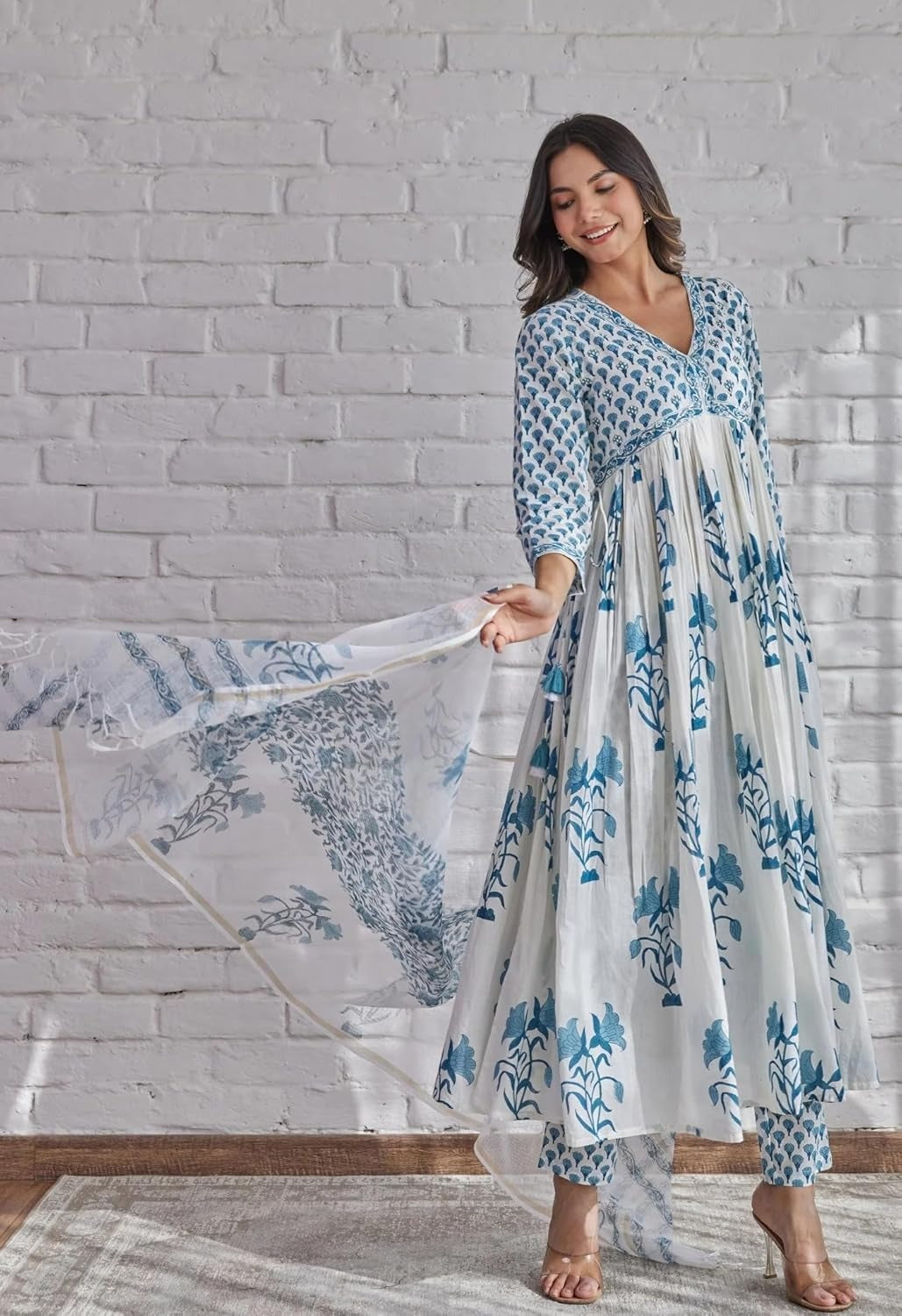 Women White Printed Pure Cotton Kurta, Pant And Dupatta Set