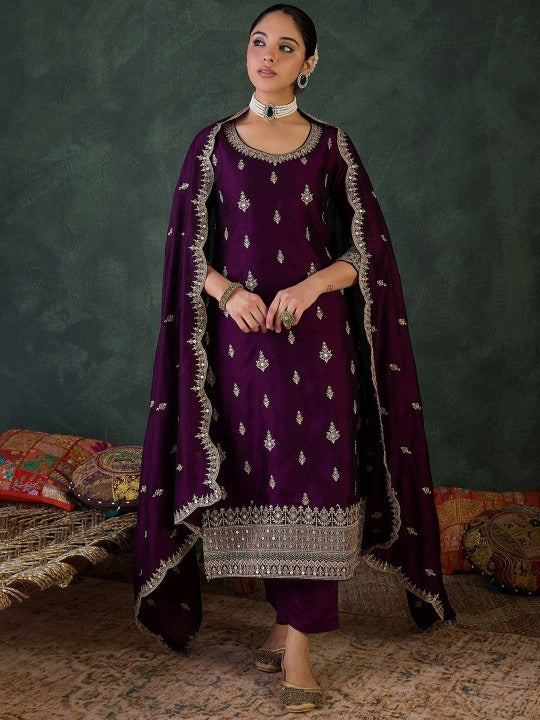 Dhiyona IE Floral Embroidered Round Neck Zari Straight Kurta With Trousers & Dupatta