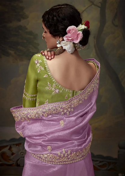 Dhiyona KM Women Lavender & Olive Green Tissue Silk Saree