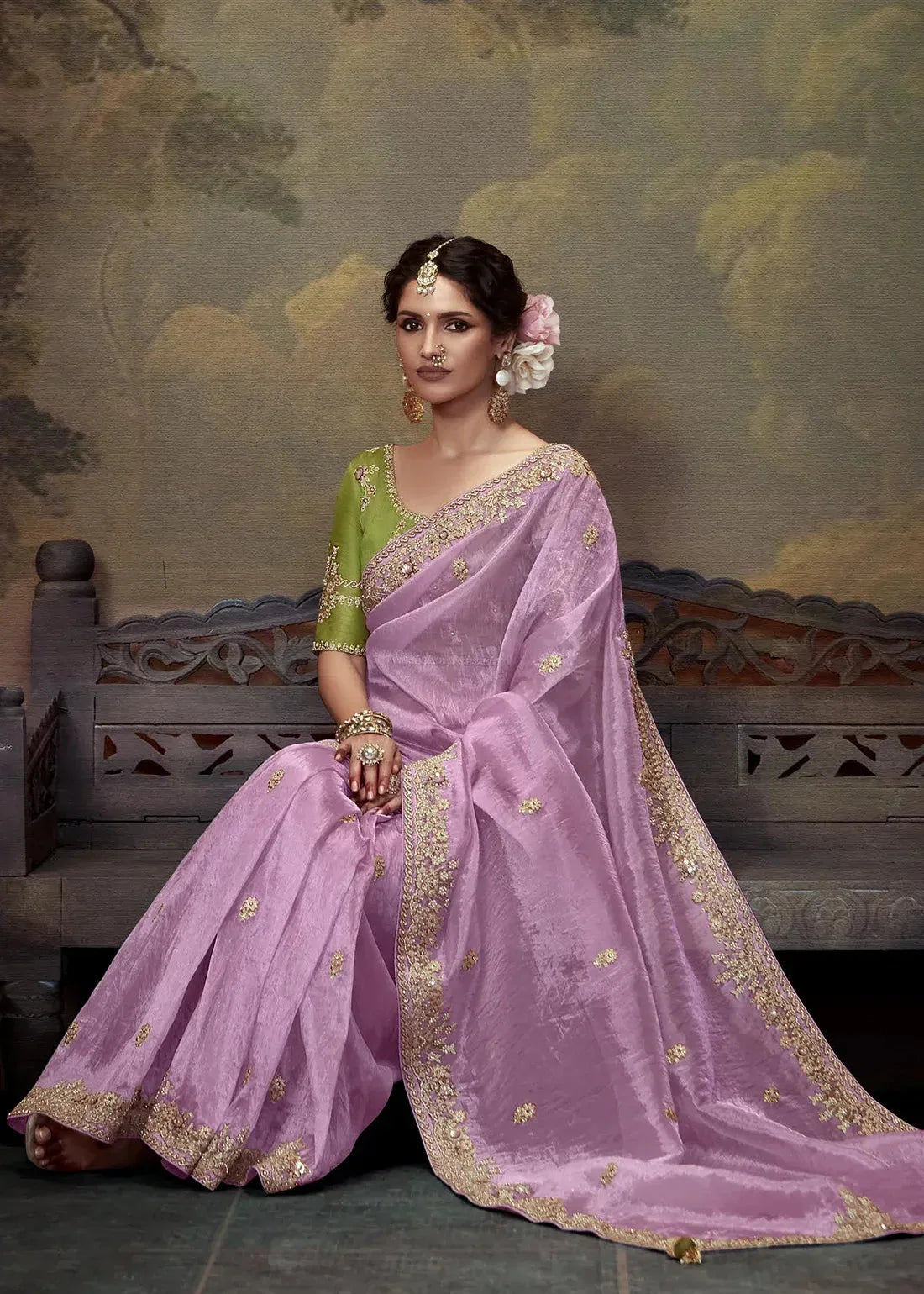 Dhiyona KM Women Lavender & Olive Green Tissue Silk Saree