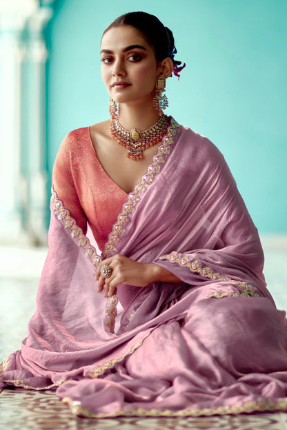 Dhiyona KM Women Lavender Tissue Crush Silk Saree With Red Blouse & Golden Border