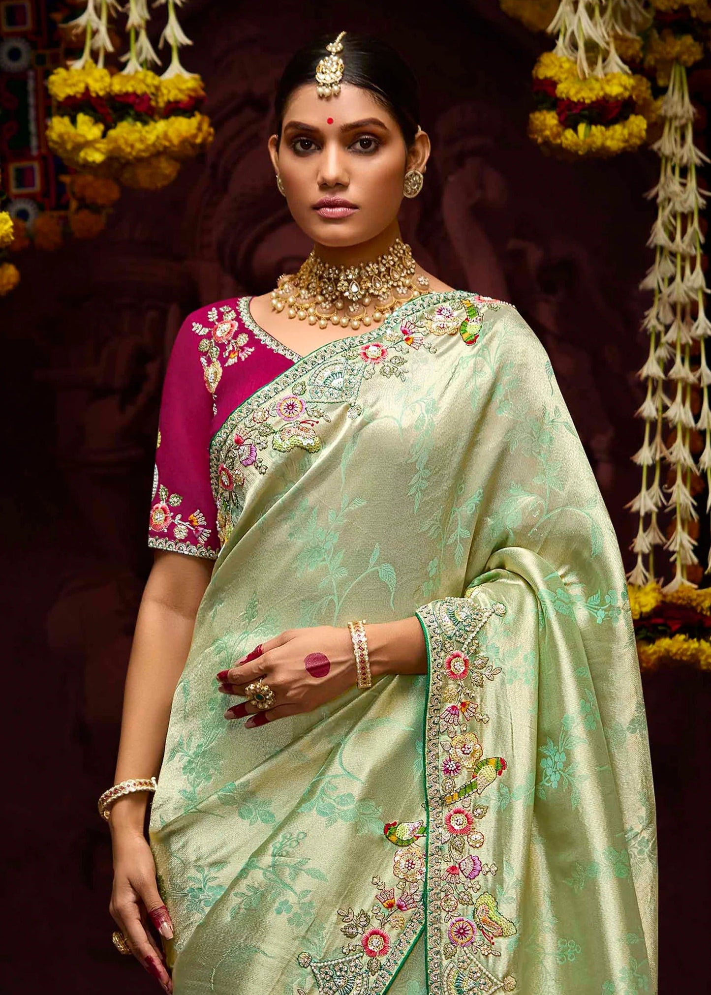 Dhiyona KM Women Elegant Sea Green Banarasi Silk Saree With Floral Weaving, Sequin, Opal & Parrot Motifs