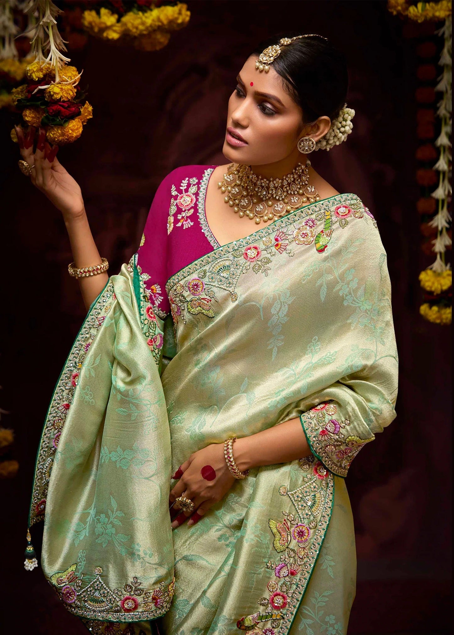Dhiyona KM Women Elegant Sea Green Banarasi Silk Saree With Floral Weaving, Sequin, Opal & Parrot Motifs