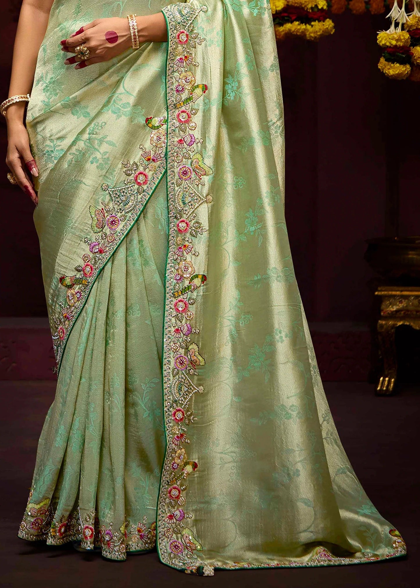 Dhiyona KM Women Elegant Sea Green Banarasi Silk Saree With Floral Weaving, Sequin, Opal & Parrot Motifs