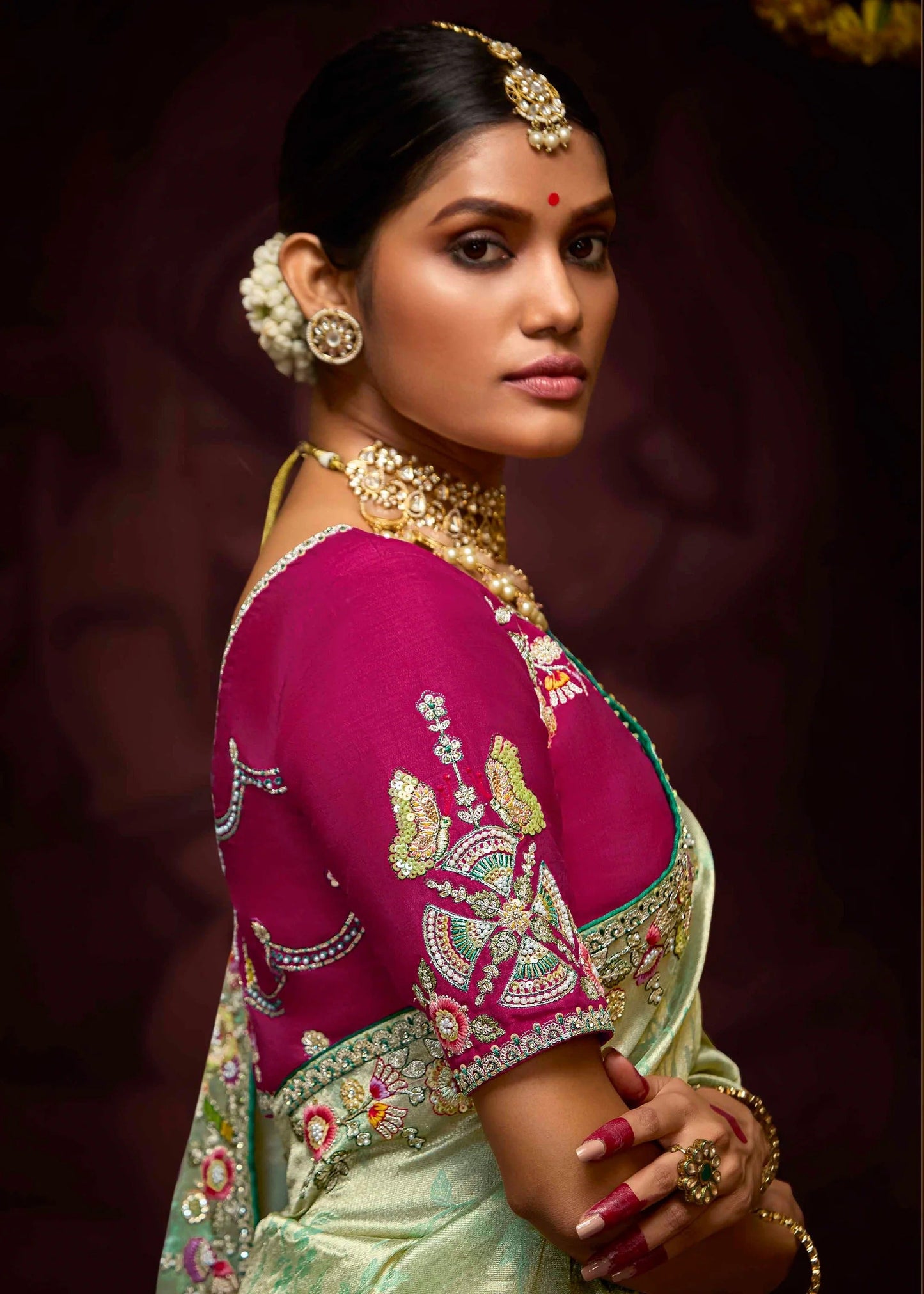 Dhiyona KM Women Elegant Sea Green Banarasi Silk Saree With Floral Weaving, Sequin, Opal & Parrot Motifs