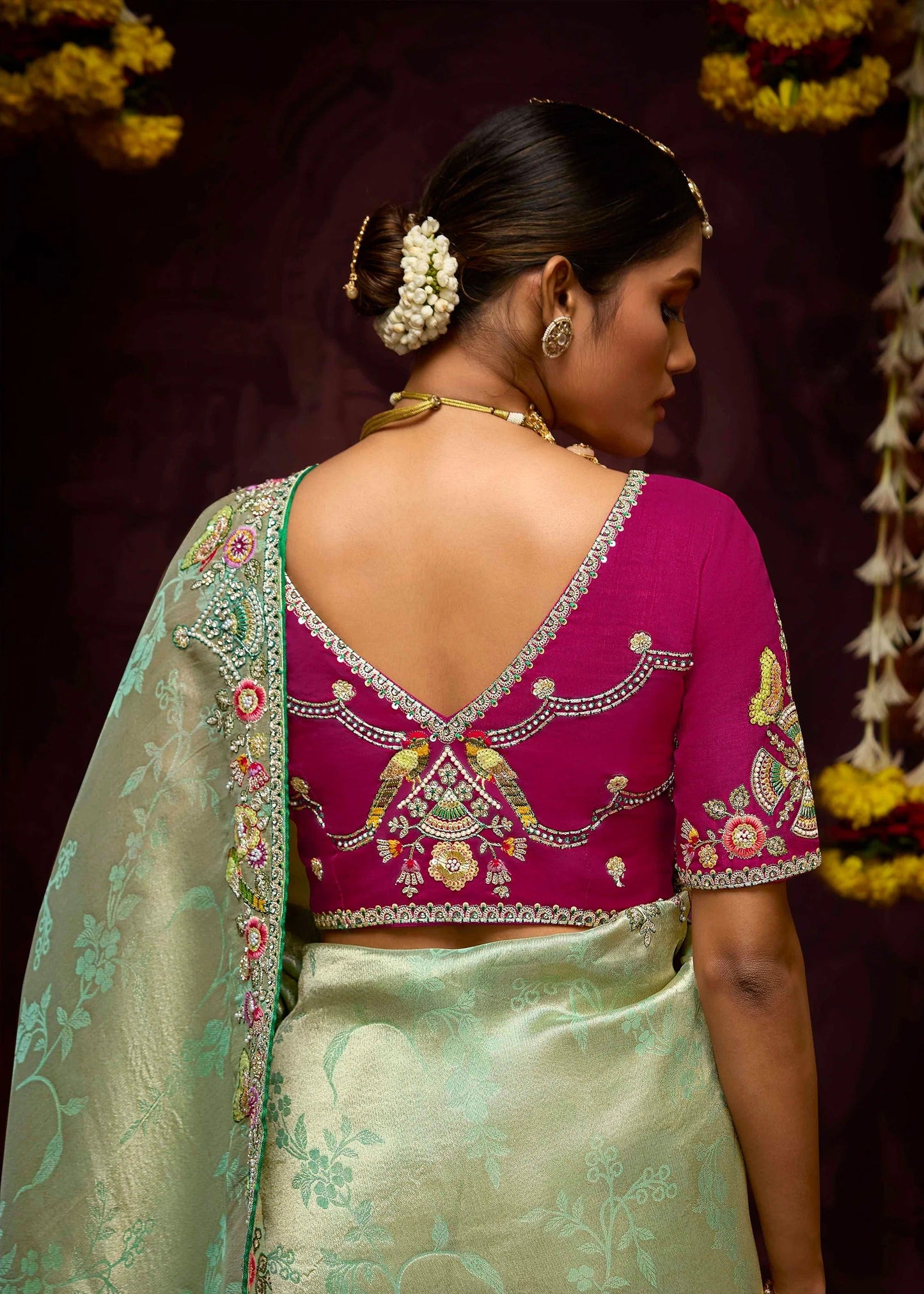 Dhiyona KM Women Elegant Sea Green Banarasi Silk Saree With Floral Weaving, Sequin, Opal & Parrot Motifs