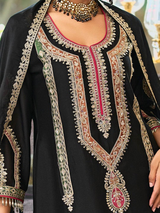 Dhiyona IE Women's Embroidered Mirror Work Straight Kurta With Palazzos & Dupatta