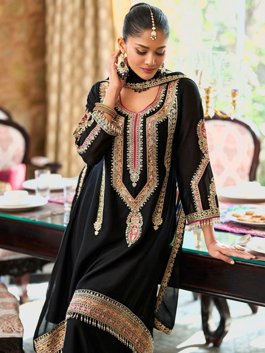 Dhiyona IE Women's Embroidered Mirror Work Straight Kurta With Palazzos & Dupatta