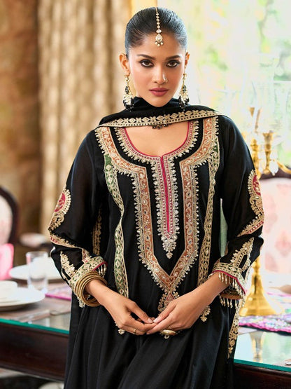 Dhiyona IE Women's Embroidered Mirror Work Straight Kurta With Palazzos & Dupatta